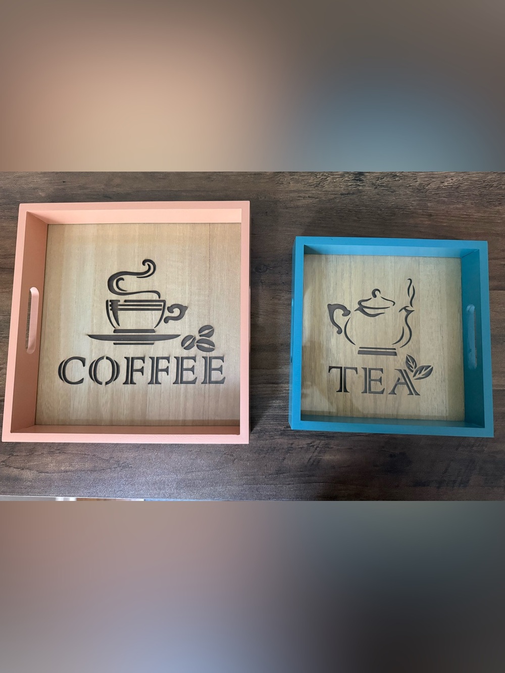 Wooden Serving Trays Laser Engraved Coffee Tea Design NWOT Set of 2